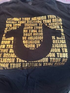 True Religion Black Tee with Metallic Gold Logo Pattern